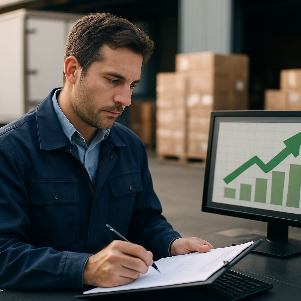 A Production Manager improving delivery reliability to customers do not use text Make it a photorealistic image